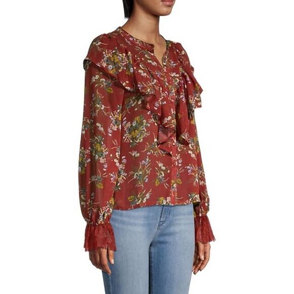 Allison New York Floral Ruffle Floral Blouse Maroon - Picture 2 of 8